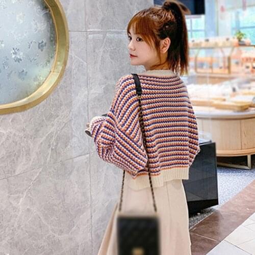 2020 Autumn Winter Loose Knitted Sweater Women Jumpers Long Sleeve Pullovers Casual Block Striped Sweater