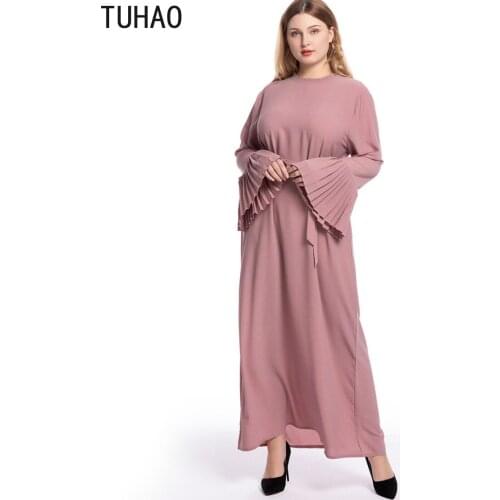 TUHAO PLEATED Sleeve Dresses Woman Party Night Plus Size 5XL 4XL 3XL Maxi Long Pink Black Muslim Flare Sleeve Women Dress CMSZ
