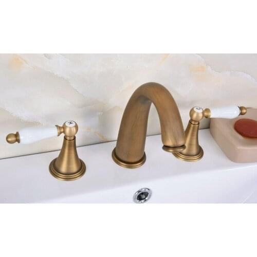 Vintage Antique Brass 2 Ceramic Handle Deck-Mount 3 Hole Widespread Bathroom Lavatory Bathtub Basin Faucet Sink Mixer Tap dan083