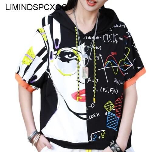 2021 Summer Fashion Style Ladies Printed Hooded Tees Womens Vintage Punk Tshirts Female Oversized Short Sleeve Tops Clothing New