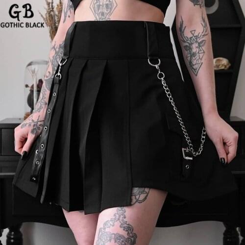 Gothblack Gothic Twill Asymmetric Pleated Skirt For Women Solid High Waist Iron Chain Crossbody Sexy Mini Clothing Streetwear