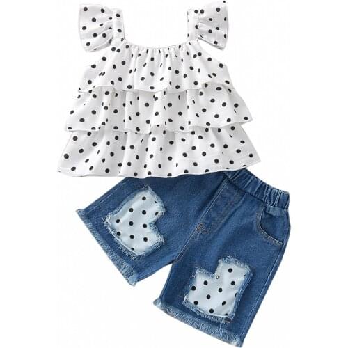 Girls Casual Two-piece Clothes Set, White Square Collar Fly Sleeves Tops and Blue Shorts