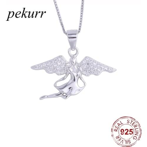 Pekurr 925 Sterling Silver Big Zircon Wing Fly Angel Necklace For Women Crystal Phoenix Fairy Pendants Fashion Jewelry