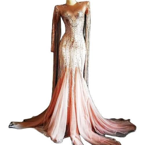 Pink Shining Diamonds Tassel Women Dresses Evening Prom Long Tailing Dresses Nightclub Party Singer Performance Stage Costume