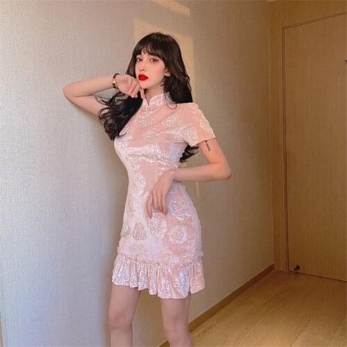 2021 New Fashion Womens Sexy Pink Gold Velvet Ruffled Hip Cheongsam A-Line Fishtail Dress