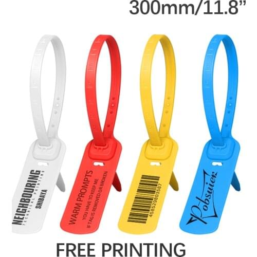 100 Custom Garment Security Tags Seals Plastic Off Shoe Clothes Bag Brand Logo Printed White Hang Label Tag Zip Ties 300mm/11.8"