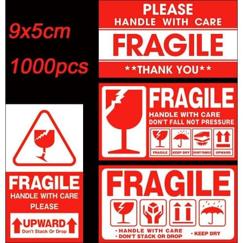 1000Pcs 6 Styles Fragile Warning Sticker Handle With Care Keep Dry Express Label Courier Box Warning Label 9x5cm