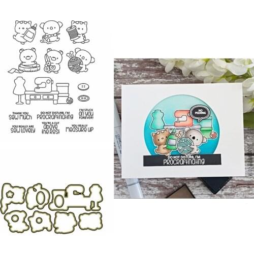 2pcs/lot Cat Bear Koala Buttons Clear Stamps and Coordinating Metal dies Crafty Characters Stamp Set for DIY Scrapbooking Card