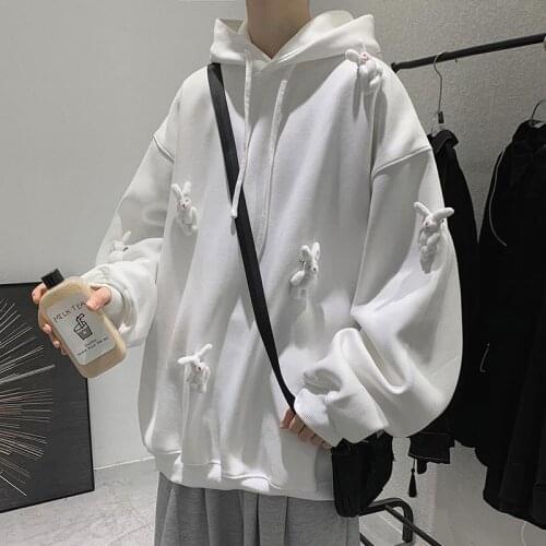 2021 Cute Hoodie With Rabbit Autumn Tops Male Harajuku High Street Sweatshirts Korean Hoody Fashions Oversized Japanese Hoodie