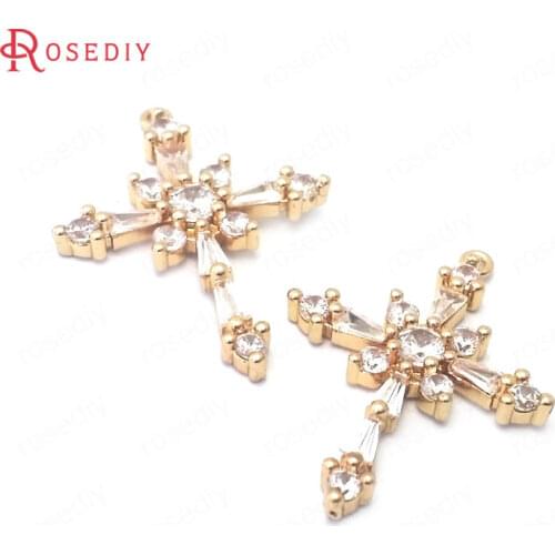 38882)4PCS 23x17.5MM 24K Champagne Gold Color Brass and Zircon Cross Star Charms Pendants Jewelry Making Diy Accessories