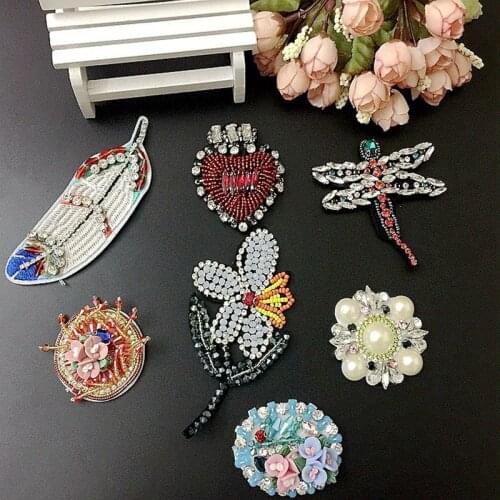 1Pcs Rhinestone Feather Heart Love Beaded Patch for Clothing Sewing Beading Applique Clothes Shoes Bags Decoration Patches