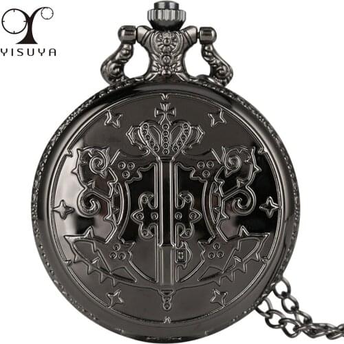 Anime Cosplay Antique Black Quartz Pocket Watch Roman Numerals Dial Vintage Pendant Necklace Watch with Chain Gifts Anime Boy