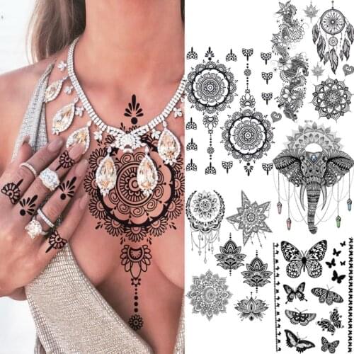 Black Henna Fingers Under Chest Mandala Temporary Tattoos For Women Adult Butterfly Pendant Fake Tattoo Body Art Painting Tatoos