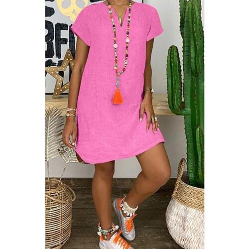 European and American summer urban fashion loose skirt short-sleeve V-neck cotton and linen dress street casual womens clothing