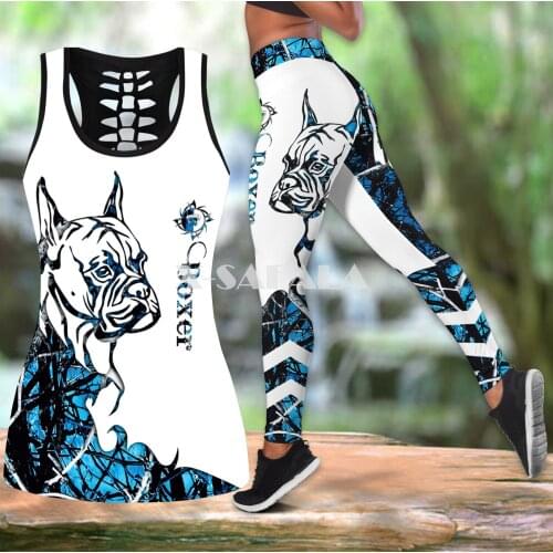 Boxer Blue Tattoos Dog Two Piece Yoga Set Women 3D Print Vest Hollow Out Tank Top High Waist Legging Summer Casual Sport