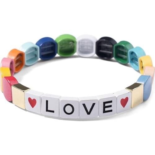 LOVE Glitter Honeycomb Tile Bead Bracelet Women Girlfriend Gift Metal DIY Strand Bracelet Boho Jewelry Handmade Couple Bracelet