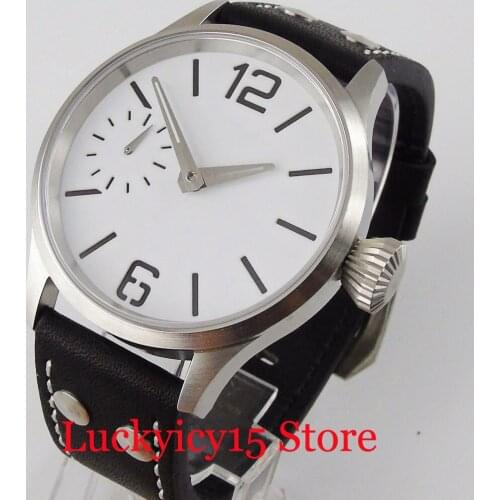 Mechanical Men Watch White Dial Sterile Sandwich Dial 17 Jewels 6497 Movement Brushed Case Leather Band