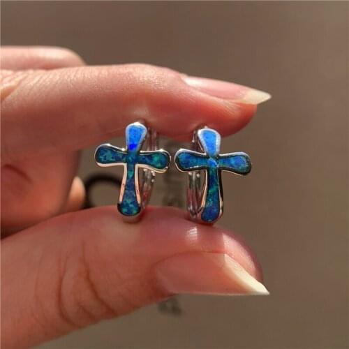 Cute Female Small Cross Earrings Charm Silver Color Wedding Hoop Earrings Dainty White Blue Opal Stone Earrings For Women
