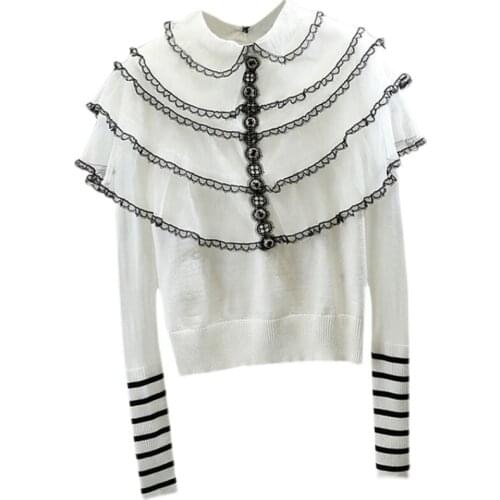 Sweet Lace Contrast-Color Stitching Ruffled Stand-up Collar Slim Fit Knitwear Womens All-Matching Crop Top Sweater