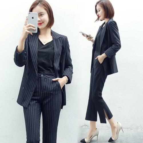 Fashion Women Double-Breast stripe Blazer Suits Office Lady Sets Two-piece Work Set Long Sleeve Suit Jacket & Flared pants Sets