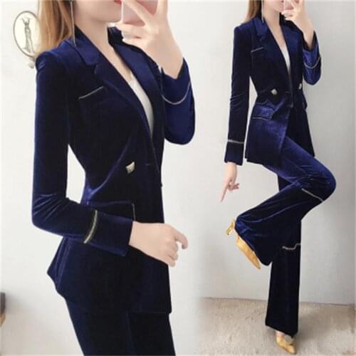 Fashion suit suit female spring winter New high-end Thick Gold velvet casual double-breasted suit + long pants two-piece suit