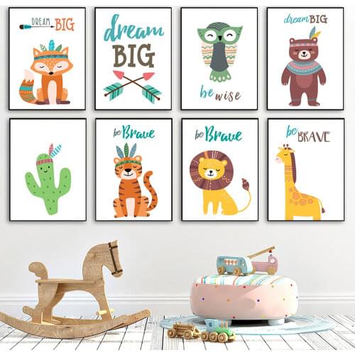 Cartoon Lion Tiger Fox Elephant Cactus Giraffe Wall Art Canvas Painting Nordic Posters And Prints Wall Pictures Kids Room Decor