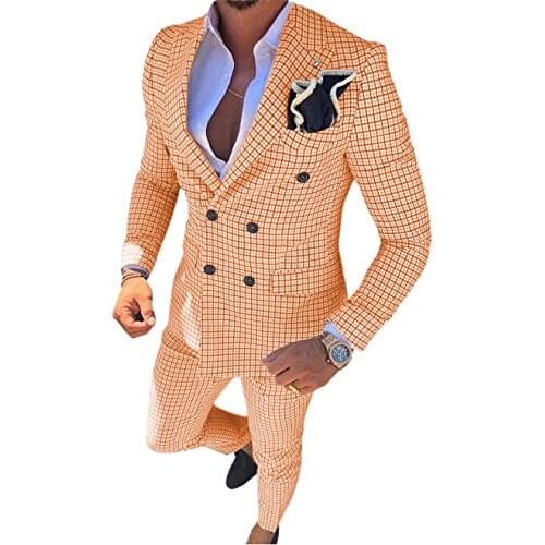 Mens Suit Brown Formal 2 Pieces Slim Fit Double breasted Plaid Soft Wool Tweed Prom Tuxedos Wedding Groomsmen (Blazer+Pants)