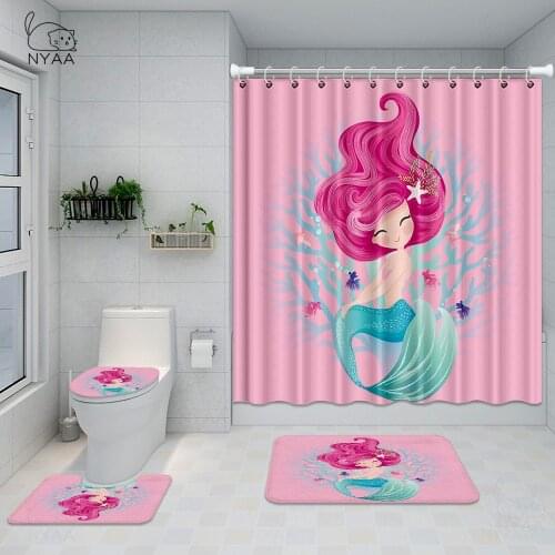 Girly Mermaid Fantasea Shower Curtains Set 3D Mermaid Art Bathroom Curtains Bath Mats Rugs Carpet Set Waterproof Kid Room Decor
