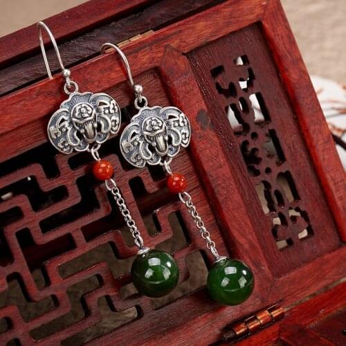 One deer silver S925 Pure Silver Antique inlaid and jade jade jade ball bat lady high-end earrings earrings wholesale