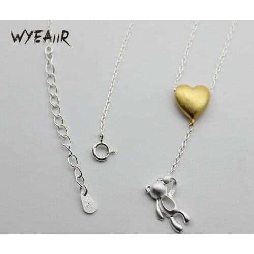 WYEAIIR Golden Heart Cute Teddy Bear Pendant Creative Art Sweet 925 Sterling Silver Clavicle Chain Female Necklace
