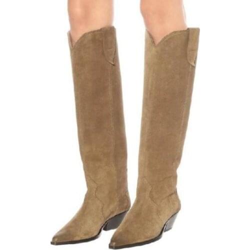 Knee High Black Khaki Purple Army Green Genuine Leather Suede Woman 4 cm Square Heels Pointed Toe Slip On Long Knight Boots Lady