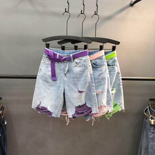 Summer Women High Waist Denim Shorts With Belt Slim Fit Casual Streetwear Colors Hole Jean Shorts