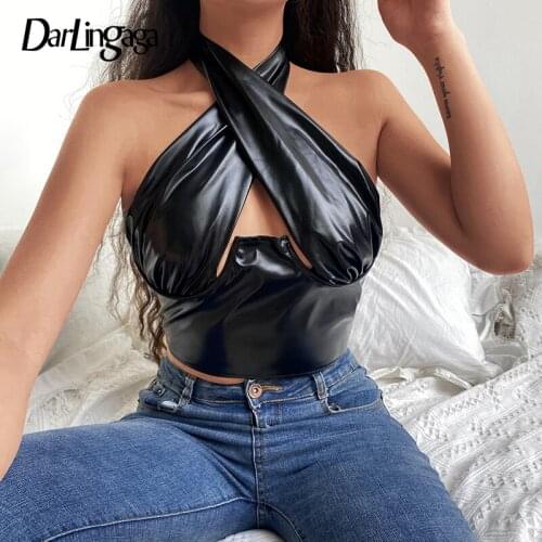 Darlingaga Goth Halter Neck PU Leather Top Women Fashion Club Party Sexy Summer Tops Cut Out Zipper Copped Tanks Gothic Clothes
