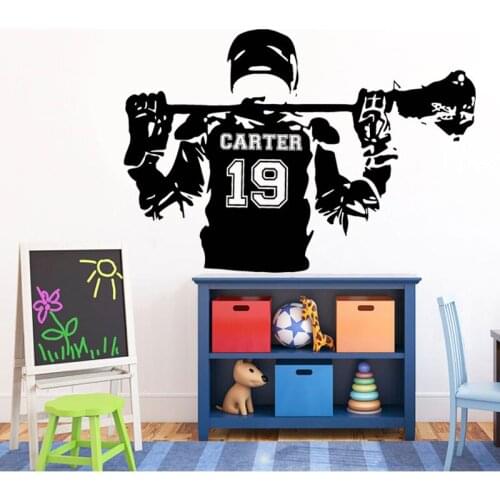 Personalised Name Lacrosse player Decal Custom Sports Vinyl Sticker Kids Teens Room Sports Decor Wallpaper Poster NR55