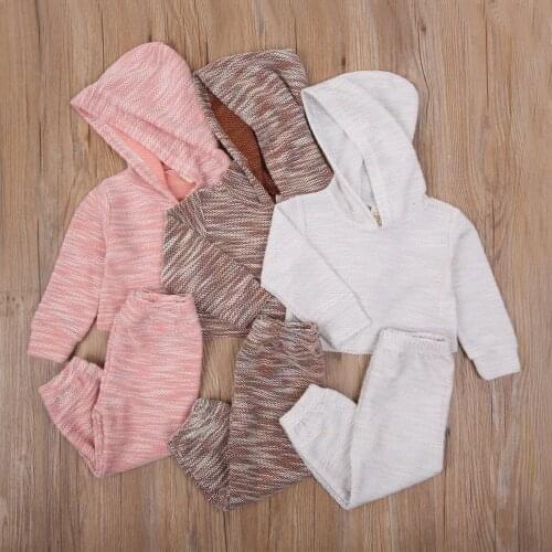 1-6Y Toddler Baby Girl Boy Clothing Winter Fall Knited 2pcs Solid Color Long Sleeve Hooded Sweatshirt+Long Pants Set