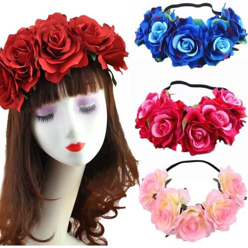 Boho Chic Luxury Velvet Rose Flower Headband for Women Handmake Wedding Hair Band Wreath Exotic Garland Hoop Hair Accessories