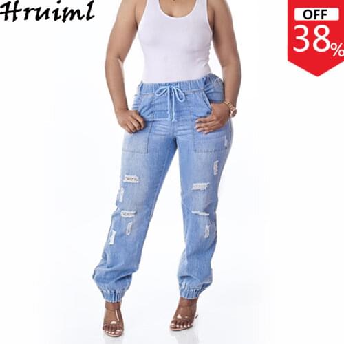 Streetwear Women Denim Pants Mid Waist Hole Casual Pocket Drawstring Female Jeans Plus Size Joggers Women Mujer Pantalones