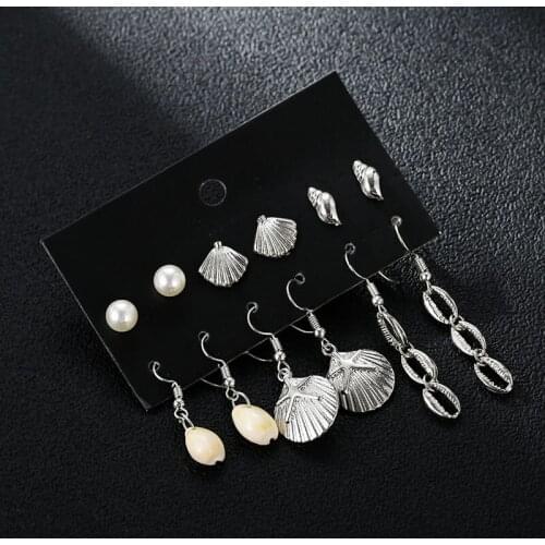 2019 new fashion silver color metal statement party jewelry earrings punk natural seashell simulated pearl wedding earrings gift