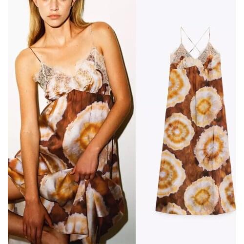 Za Summer Woman Print Sling Dress Tops Lace V-nack Lacing Cross Design Adjustable Shoulder Strap Loose Hem Large Size Sexy Dress