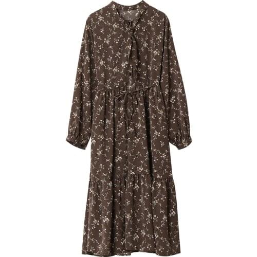 2020 New Arrival Spring O-Neck Sleeve Flower Print Vintage Chiffon Long Boho Women Casual Dress Vestidos