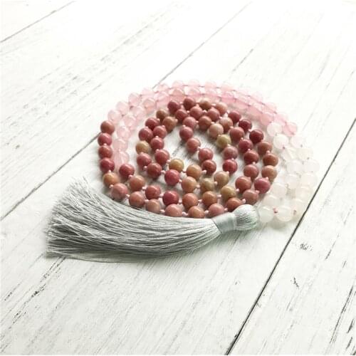 108 Mala Beads Necklace Rhodonite & RoseQuartz Necklace Hand Knotted Necklaces Prayer Meditation Mala Taeesl Necklaces