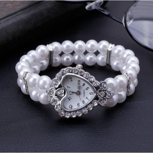 2021 New Women Watch Simulated Pearl Rhinestone Luxury Elegant Wrist Band Bracelet Jewelry Gifts Lady Elastic Universal Charms