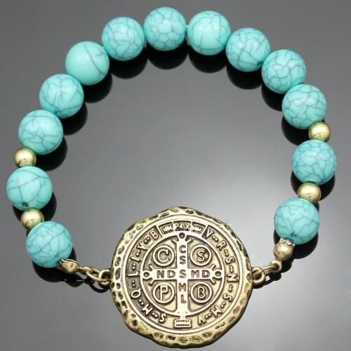 Saint Medal Nursia Cross Blue Stone Bead Charms Medical Bracelet for Women Bangle Pulseira Masculina Pulse Chakra Jewelry