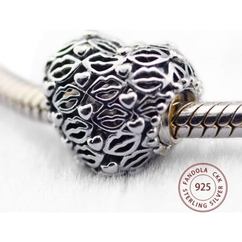 CKK Fits Pandora Bracelet 925 Sterling Silver Love & Kisses Heart Charm Beads for Women DIY Jewelry Making Wholesale
