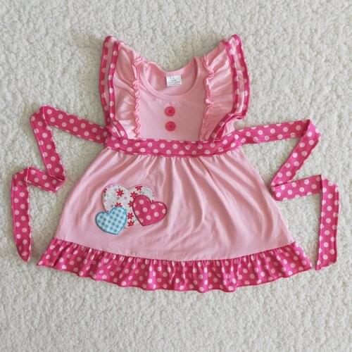 Valentine Day Dress Pink Embroidery Love Heart Kids Girl Clothing Sets Fly Sleeve Polka Dots Colorful Party Dress RTS