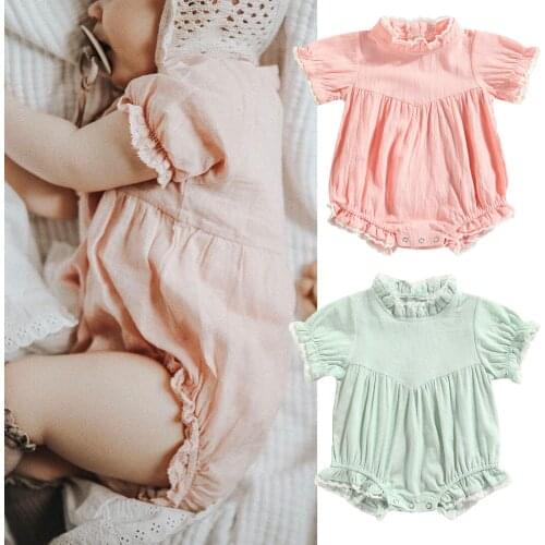 Baby Girls Summer Romper Lace Trim Stand Neck Short Sleeves Jumpsuit for Toddlers 0-24 Months