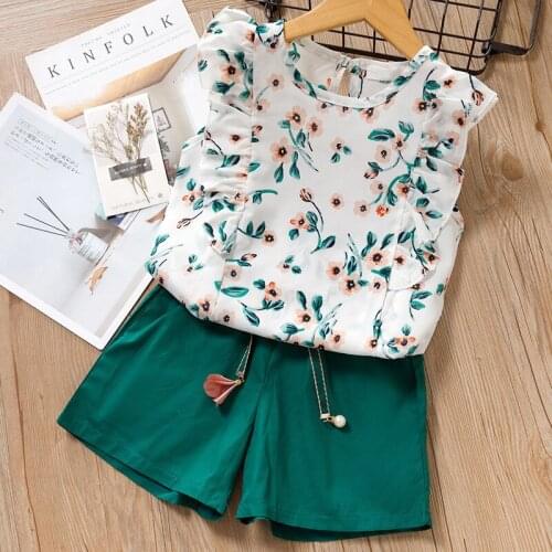 Baby Girl Clothing 2pcs Set Children Summer Fashion Outfit Floral T-shirt +Bowknot Shorts Suits For 3-7 Year Baby Girl Clothes