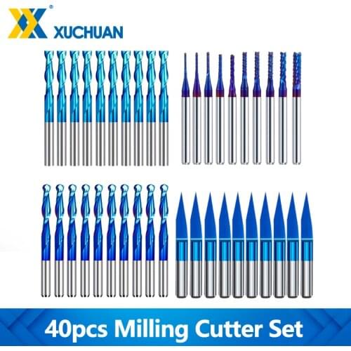 40pcs 3.175mm Nano Blue Coated CNC Router Bits End Mill Cutter Mini PCB Carbide Router Bits Kit Set For Milling Tools