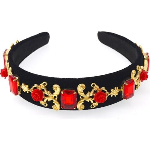 Crystal Rhinestones Red Ceramic Flower Hairband Girls Wide Black Hair Styling Accessories Bling Crystal Jewelry Gifts