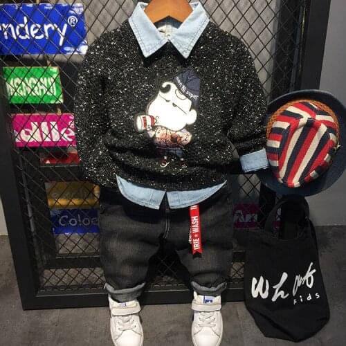 Boys autumn Winter Set Childrens Clothing Child Sports kintting Sweater, shirt & Jeans 3pcs Sets Boy Sweatshirts Casual Suits